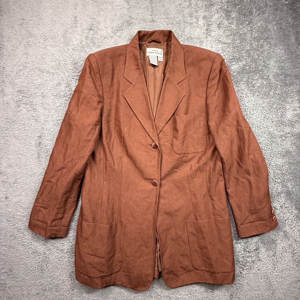 AKA Eddie Bauer Womens Linen Blend Blazer 14 Tall Brown 2 Button Vintage
